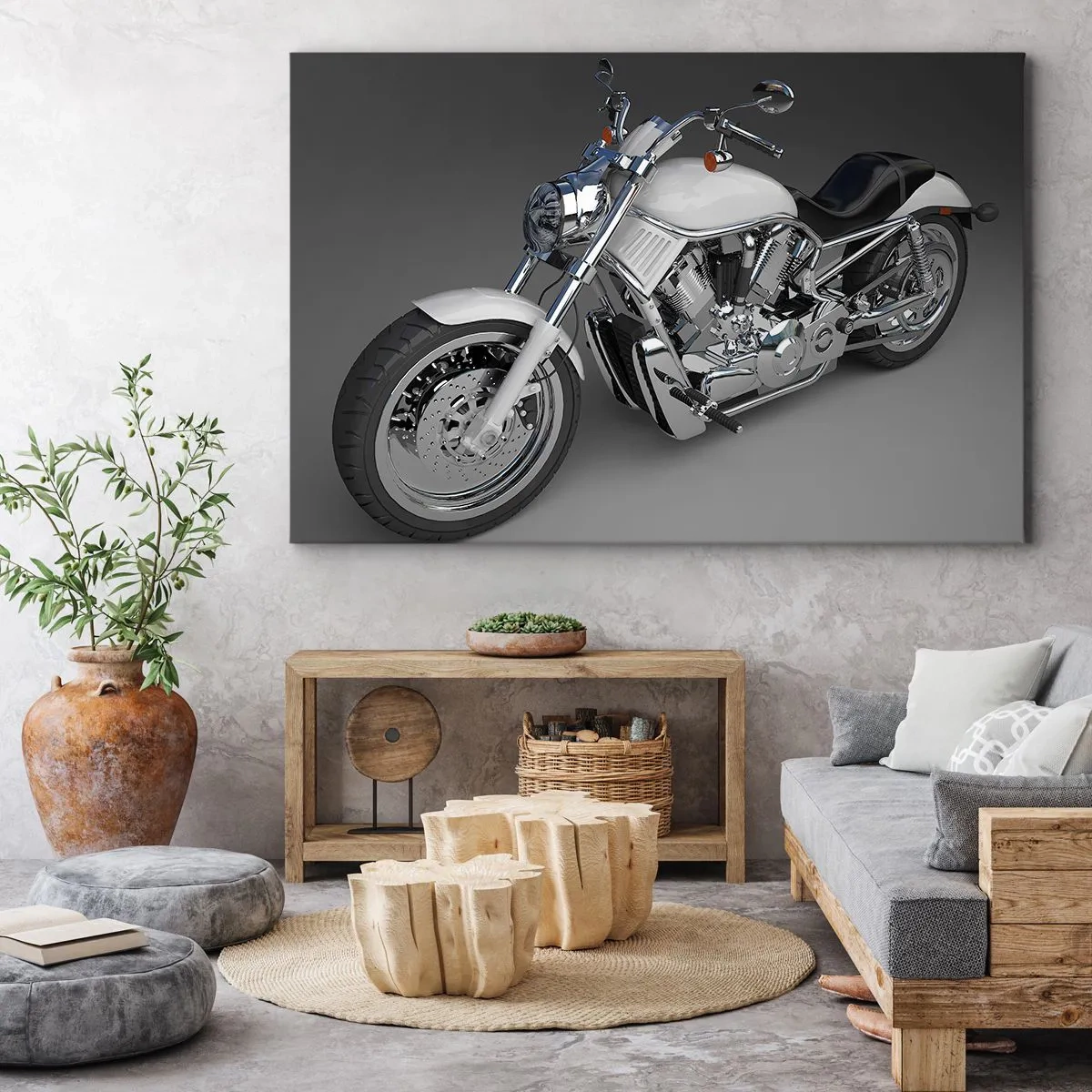 Quadro su tela - Stampe su Tela - Motocicletta cruiser bianca su sfondo grigio - 70x50cm - Viene voglia di inginocchiarsi - Decorazione murale moderna per soggiorno e camera da letto ARTTOR