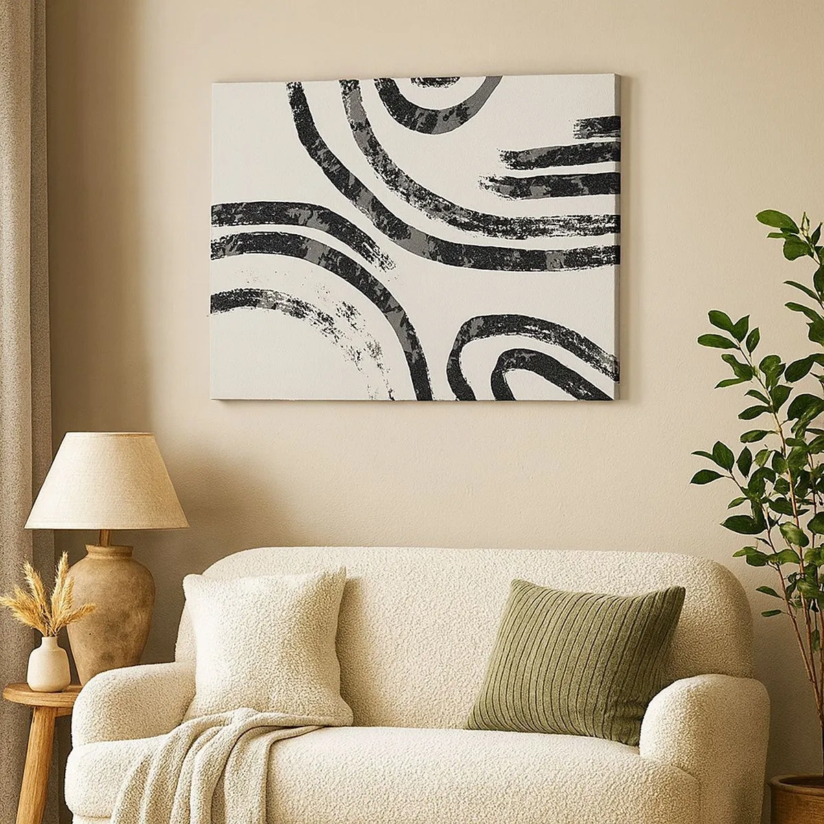 Quadro su tela - Stampe su Tela - Linee astratte in bianco e nero su uno sfondo chiaro - 70x50cm - Interrotto a metà - Decorazione murale moderna per soggiorno e camera da letto ARTTOR