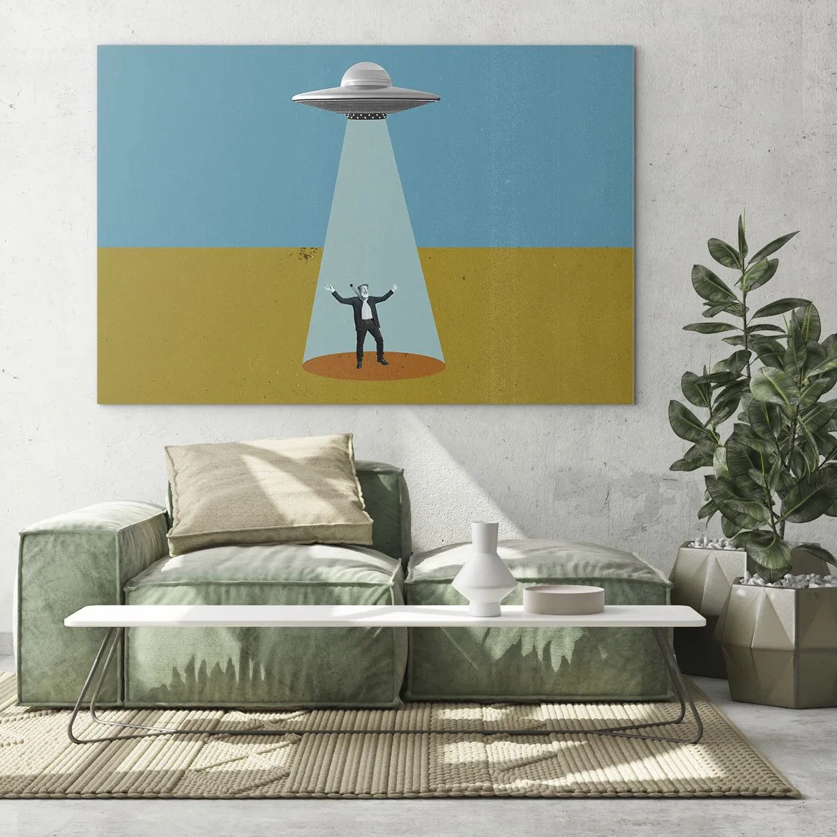 Quadro su vetro - Un uomo alla luce di un disco spaziale su uno sfondo colorato - 70x50cm - Incontro ravvicinato - Decorazione murale moderna per soggiorno e camera da letto ARTTOR