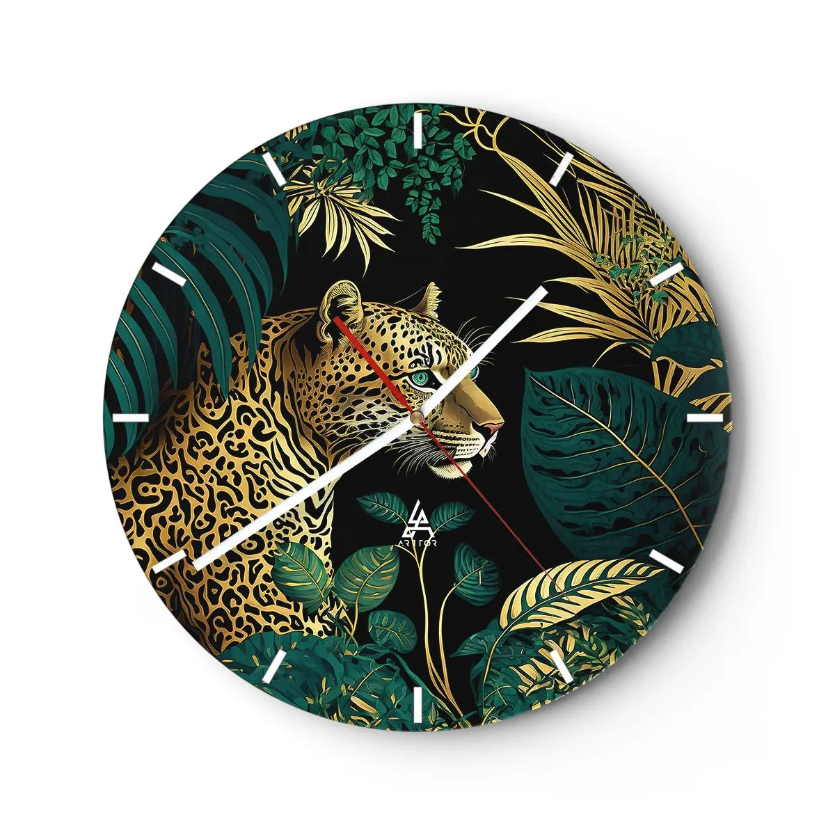 Orologio da parete - Orologio in Vetro - Leopardo tra foglie tropicali su sfondo nero - 30x30cm - Il signore della giungla - Decorazione murale moderna per soggiorno, cucina e camera da letto ARTTOR