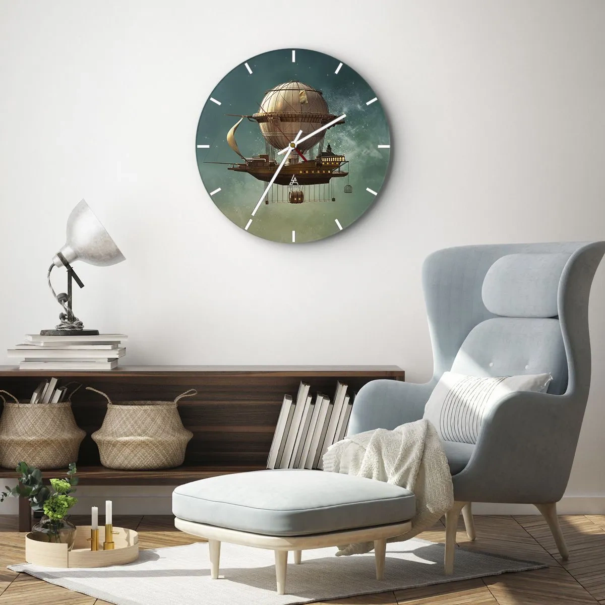 Orologio da parete - Orologio in Vetro - Un fantastico dirigibile retrò che fluttua tra le nuvole - 30x30cm - Saluti da Jules Verne - Decorazione murale moderna per soggiorno, cucina e camera da letto ARTTOR