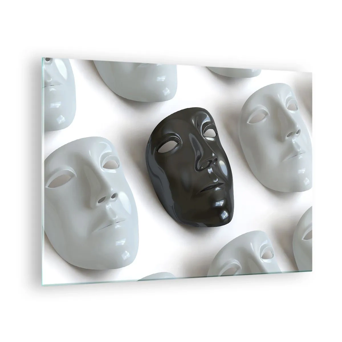 Quadro su vetro - Una maschera in bianco e nero su uno sfondo di maschere bianche su uno sfondo chiaro - 70x50cm - Come distinguersi? - Decorazione murale moderna per soggiorno e camera da letto ARTTOR