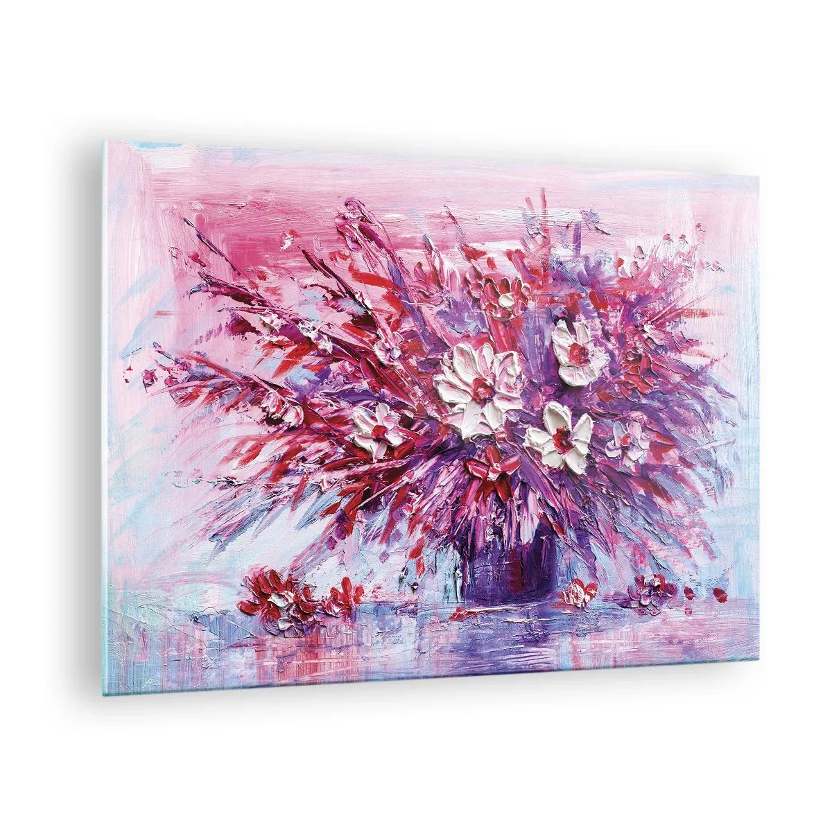 Quadro su vetro - Un mazzo di fiori nei toni del rosa e del viola - 70x50cm - Innocenza e passione - Decorazione murale moderna per soggiorno e camera da letto ARTTOR