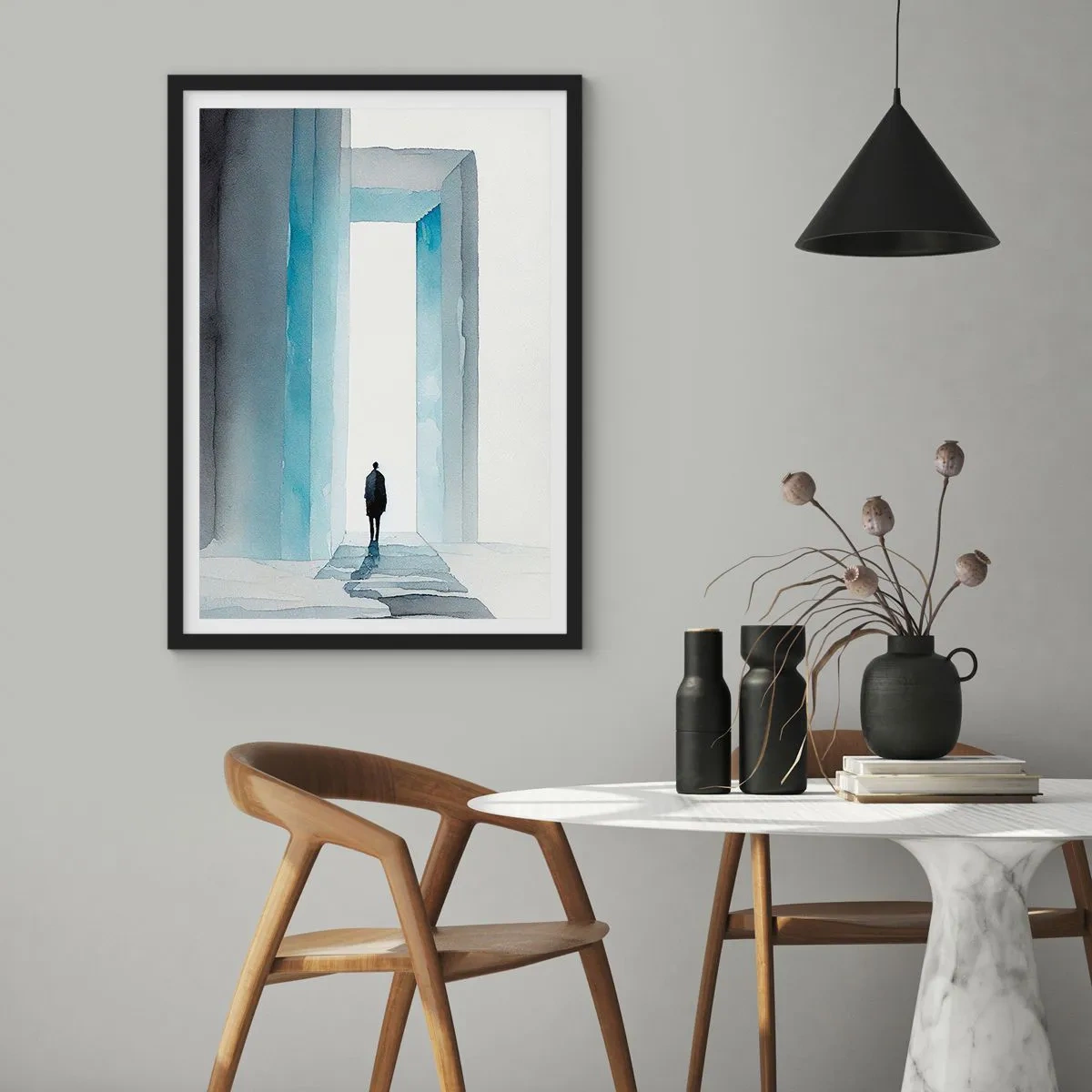 Poster in cornice nera - Una figura che cammina attraverso un cancello blu, simbolo di libertà e possibilità illimitate - 50x70cm - Vivi senza limiti - Decorazione murale moderna per soggiorno e camera da letto ARTTOR