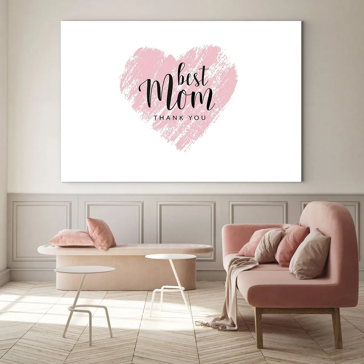 Quadro su vetro - Un cuore rosa con la scritta "Best Mom" su sfondo bianco - 70x50cm - È sempre il momento giusto - Decorazione murale moderna per soggiorno e camera da letto ARTTOR