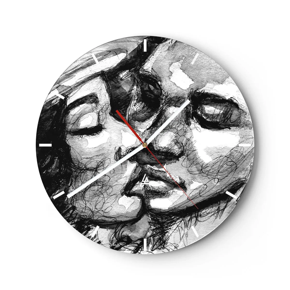 Orologio da parete - Orologio in Vetro - Schizzo in bianco e nero di una coppia che si bacia - 30x30cm - Un attimo di tenerezza - Decorazione murale moderna per soggiorno, cucina e camera da letto ARTTOR