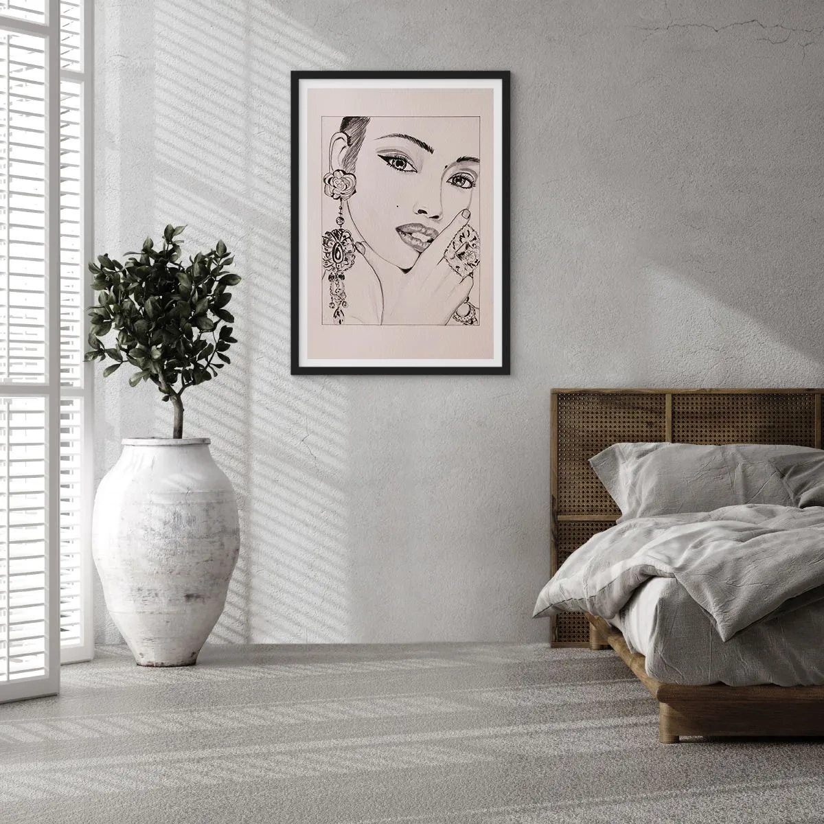Poster in cornice nera - Schizzo di una donna che indossa gioielli glamour - 50x70cm - Il gioiello più bello - Decorazione murale moderna per soggiorno e camera da letto ARTTOR