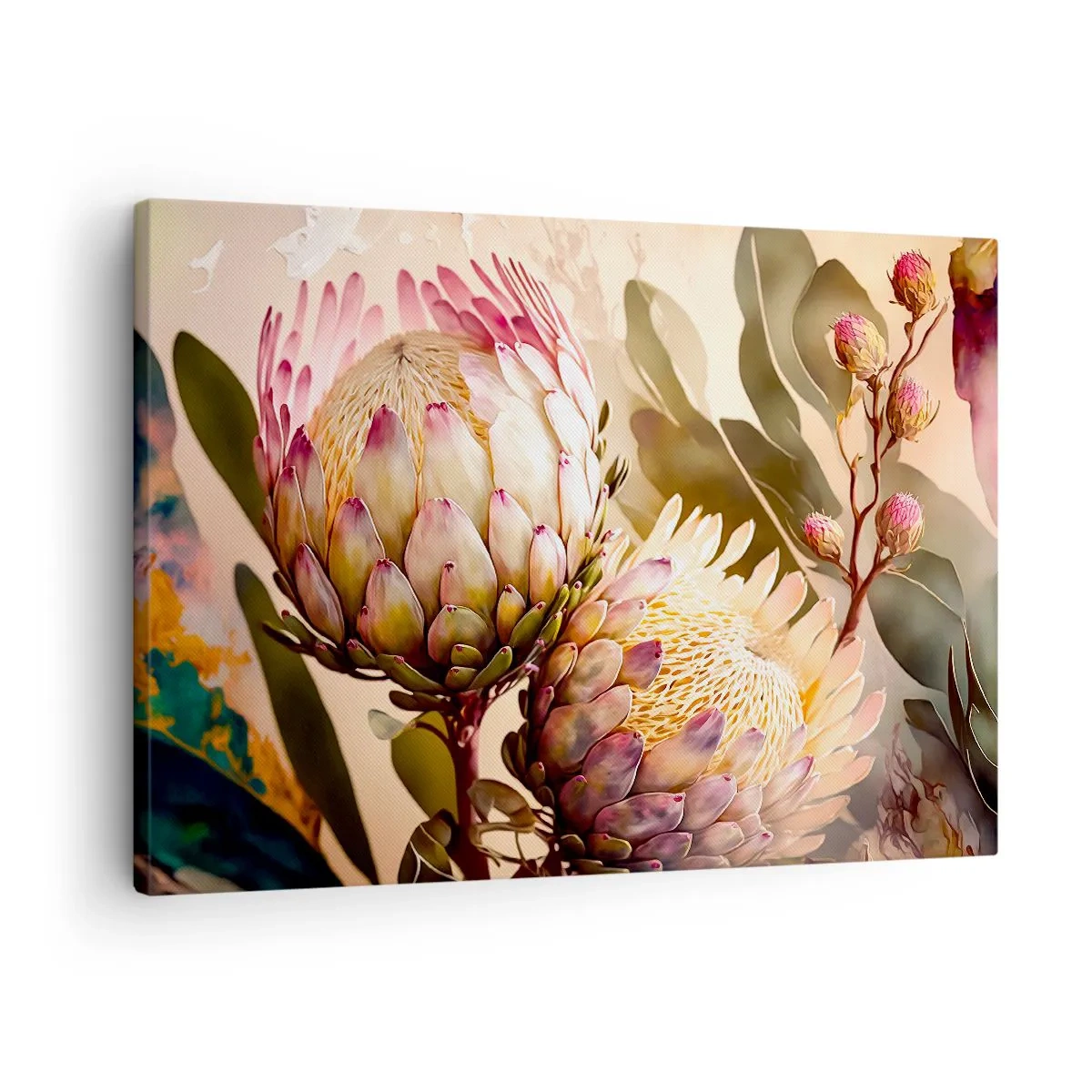 Quadro su tela - Stampe su Tela - Fiori di protea colorati su uno sfondo delicato - 70x50cm - Tenero abbraccio - Decorazione murale moderna per soggiorno e camera da letto ARTTOR