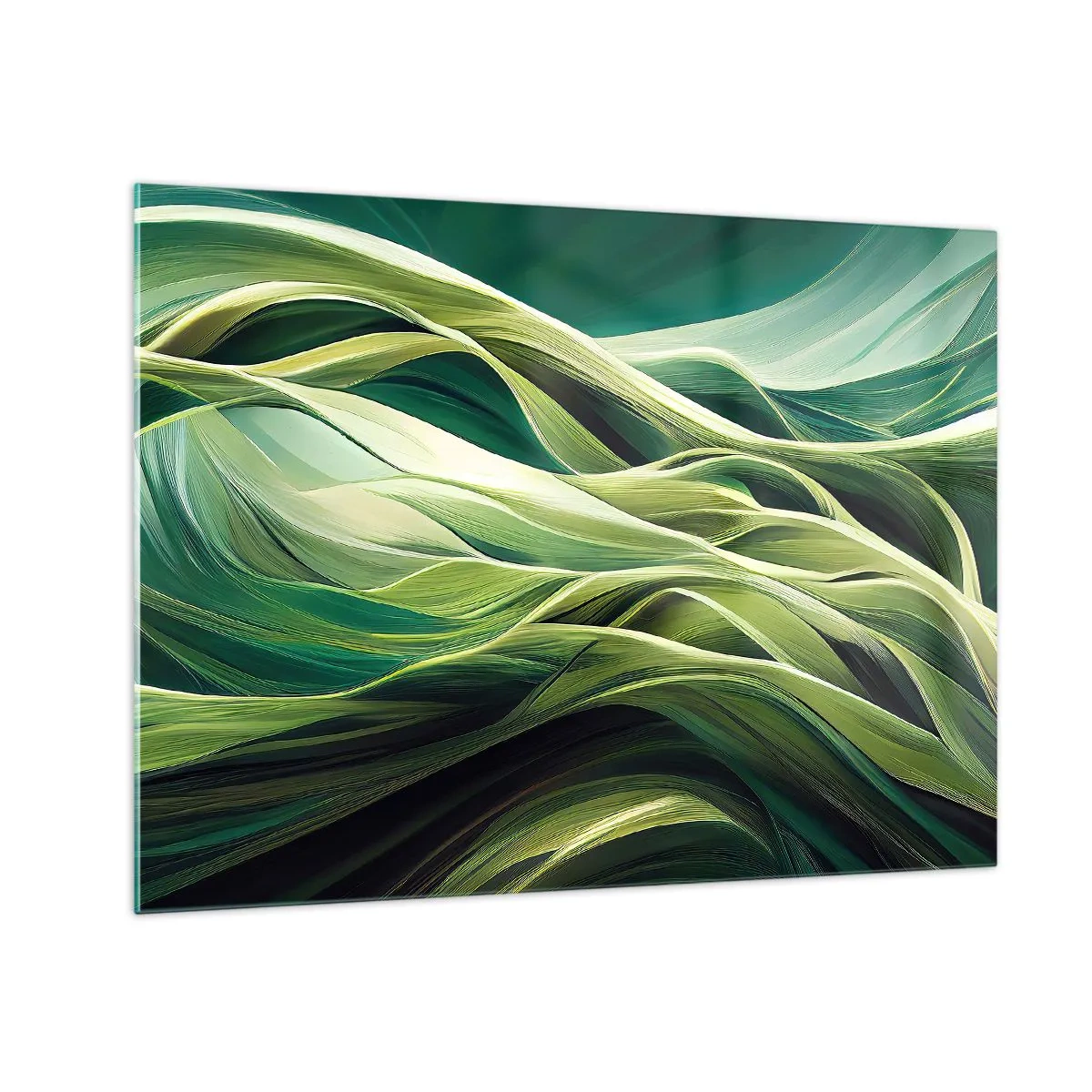 Quadro su vetro - Onde verdi astratte con forme organiche - 70x50cm - Gioco astratto in verde - Decorazione murale moderna per soggiorno e camera da letto ARTTOR