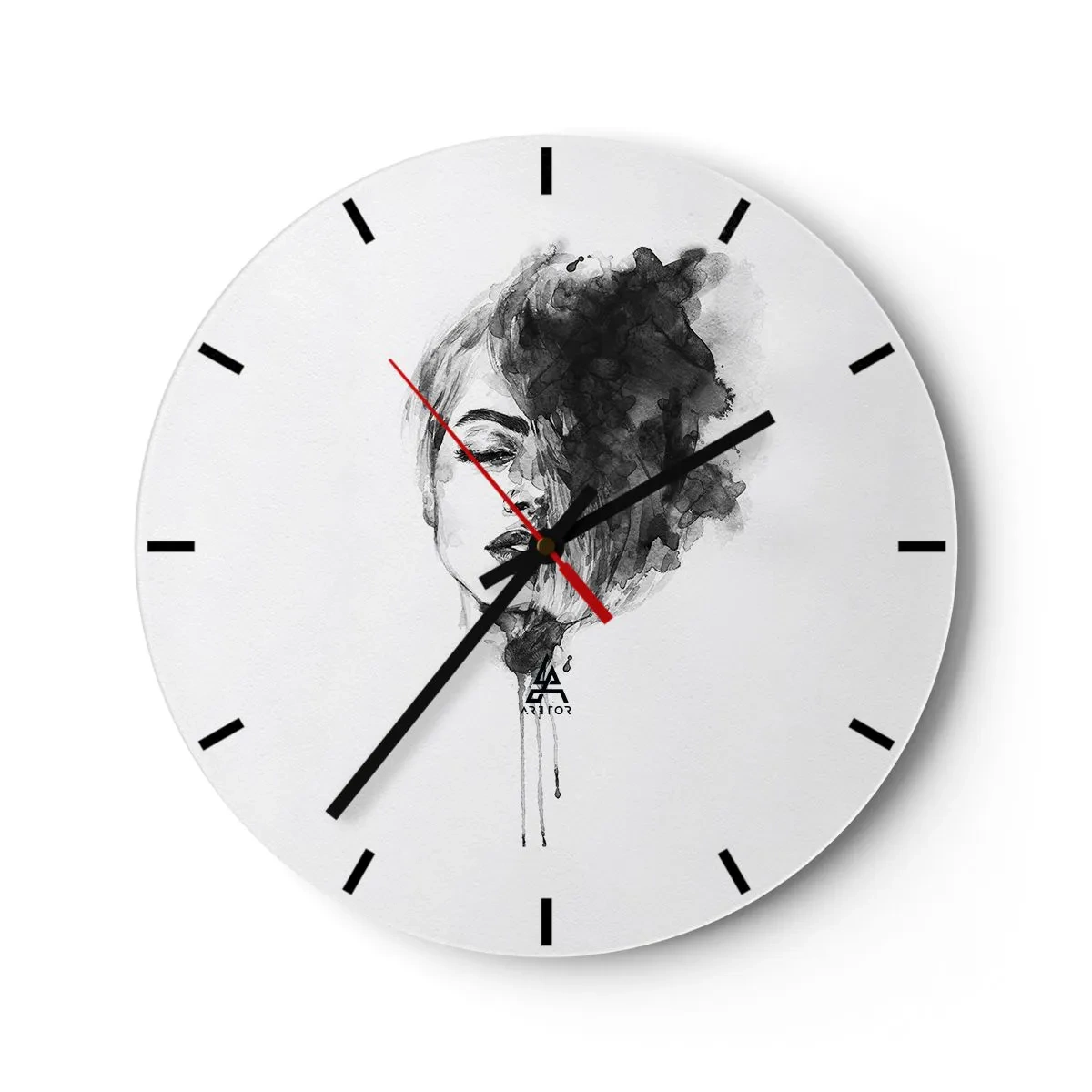 Orologio da parete - Orologio in Vetro - Dipinto ad acquerello in bianco e nero del volto di una donna con effetto fumo - 30x30cm - Cosa sogna la ragazza - Decorazione murale moderna per soggiorno, cucina e camera da letto ARTTOR