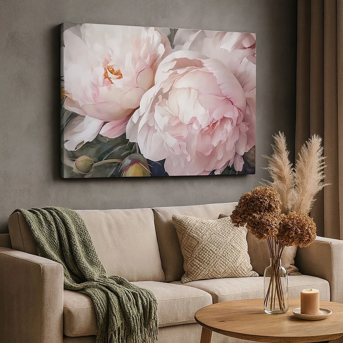 Quadro su tela - Stampe su Tela - Delicate peonie rosa in piena fioritura - 70x50cm - L'attimo della fioritura - Decorazione murale moderna per soggiorno e camera da letto ARTTOR