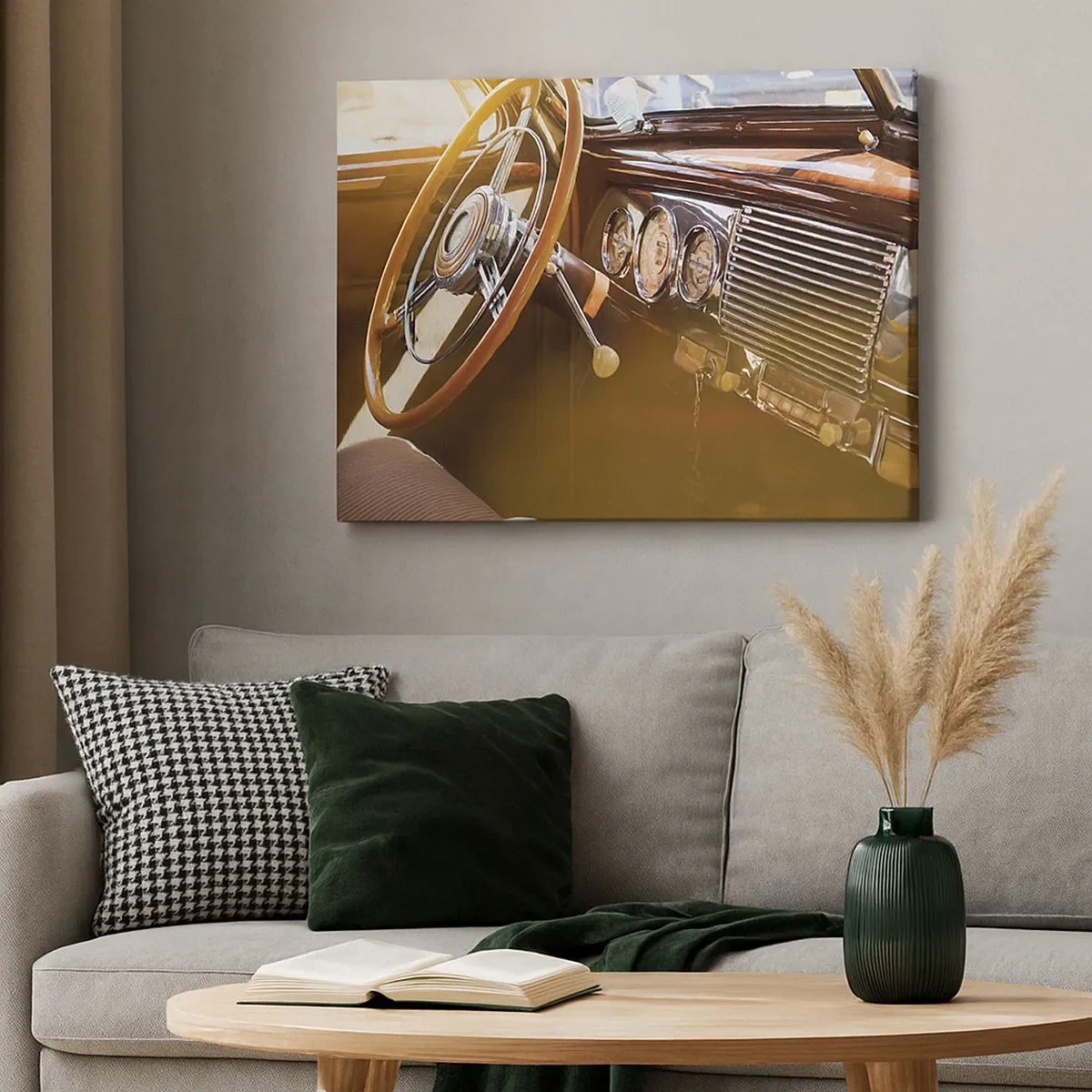 Quadro su tela - Stampe su Tela - Primo piano degli interni di un'auto d'epoca con dettagli in legno e cromati. - 70x50cm - Un soffio di lusso dal passato - Decorazione murale moderna per soggiorno e camera da letto ARTTOR