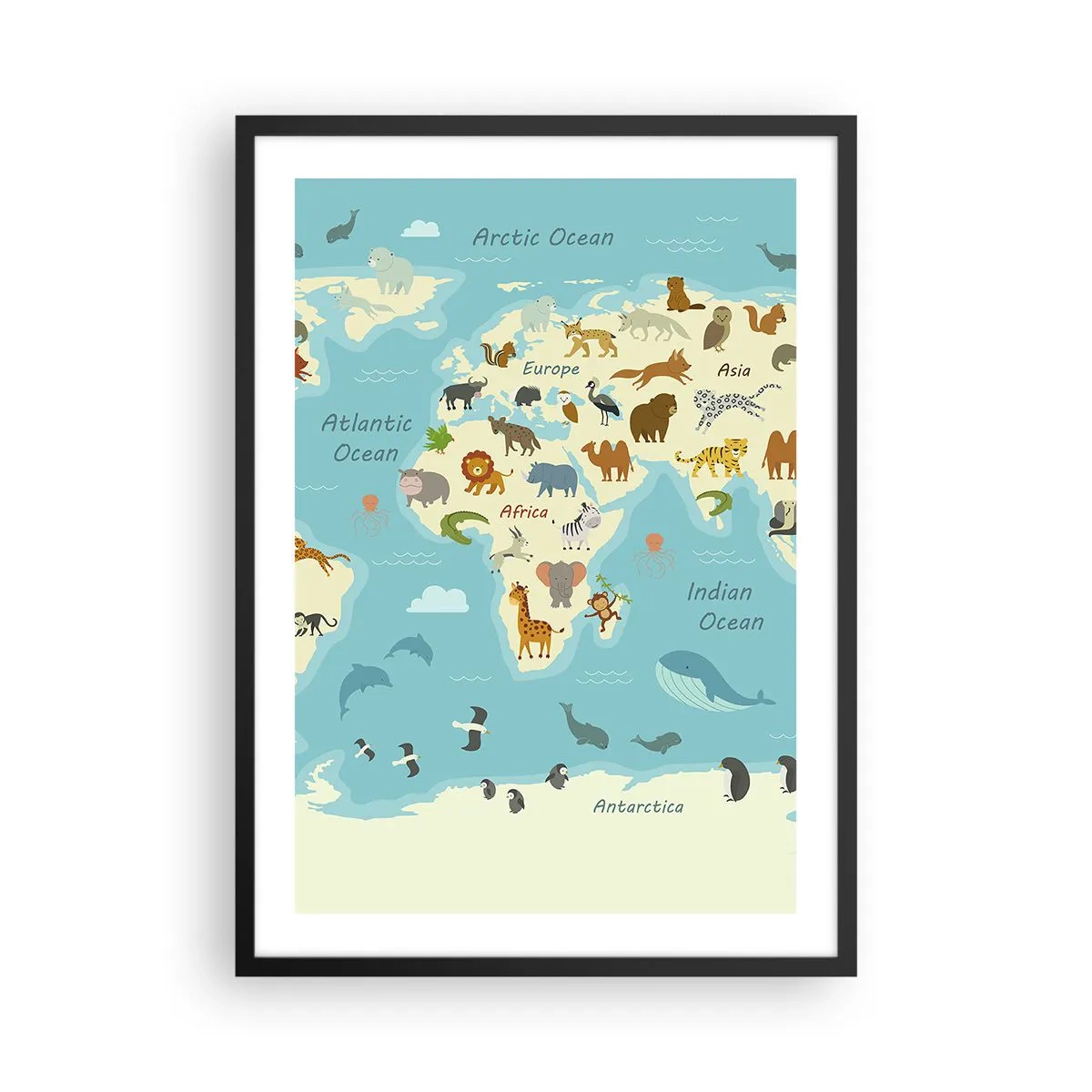 Poster in cornice nera - Una mappa del mondo con illustrazioni di animali in diverse regioni - 50x70cm - Buoni vicini - Decorazione murale moderna per soggiorno e camera da letto ARTTOR