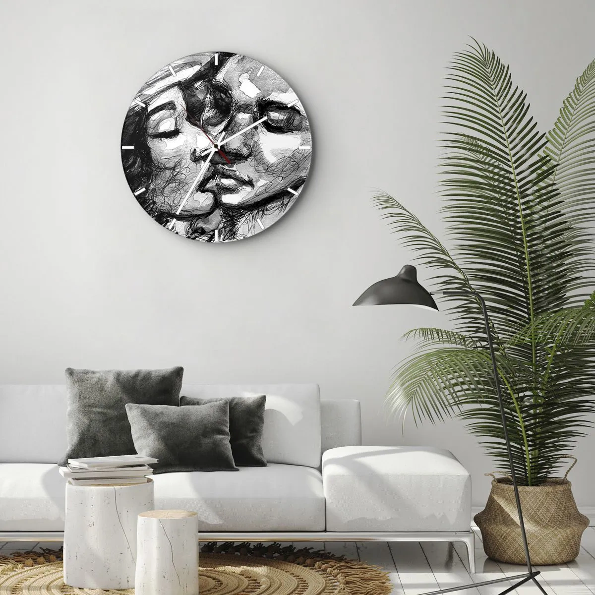 Orologio da parete - Orologio in Vetro - Schizzo in bianco e nero di una coppia che si bacia - 30x30cm - Un attimo di tenerezza - Decorazione murale moderna per soggiorno, cucina e camera da letto ARTTOR