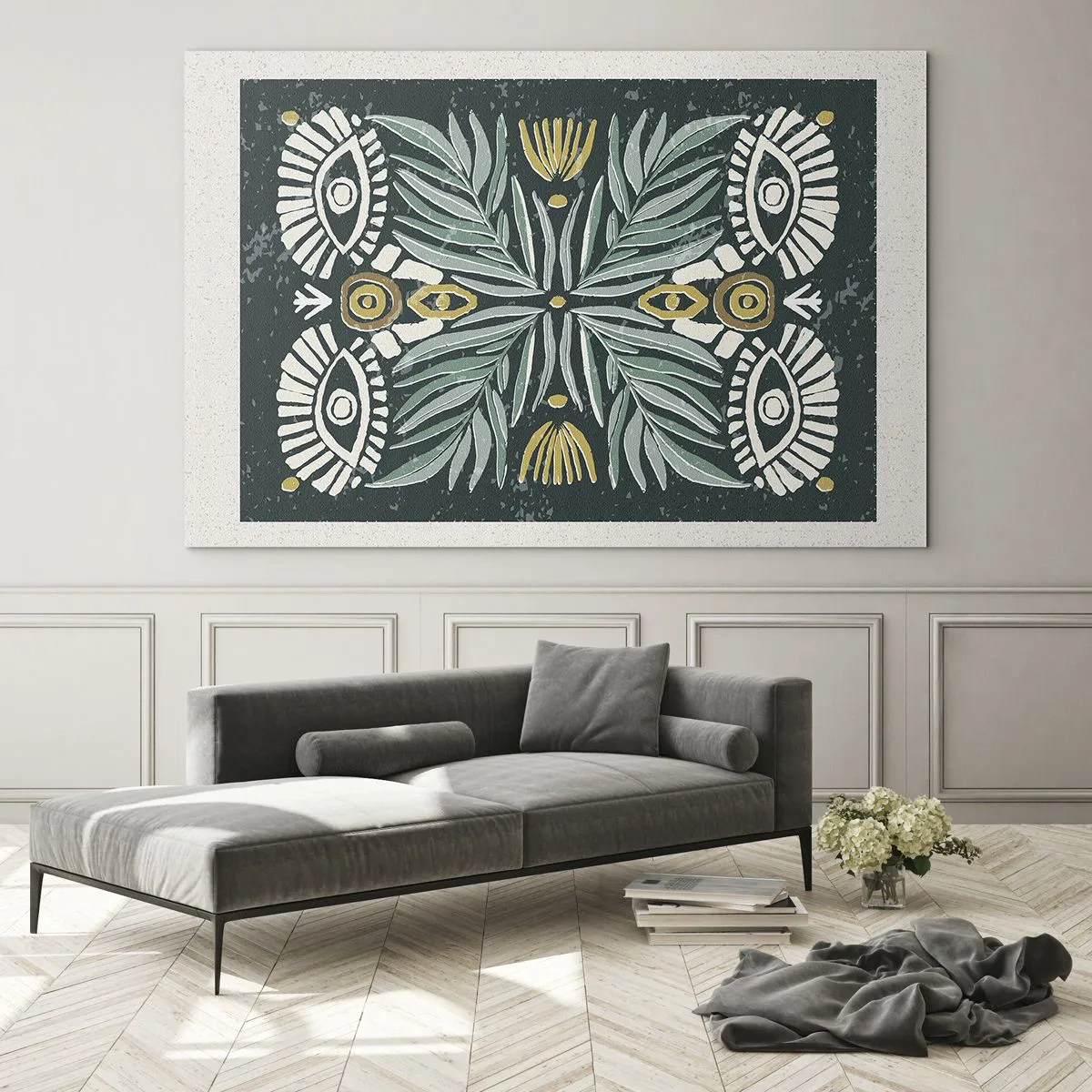 Quadro su vetro - Una composizione simmetrica di foglie e motivi in stile folk - 70x50cm - Geometrie di arte popolare - Decorazione murale moderna per soggiorno e camera da letto ARTTOR