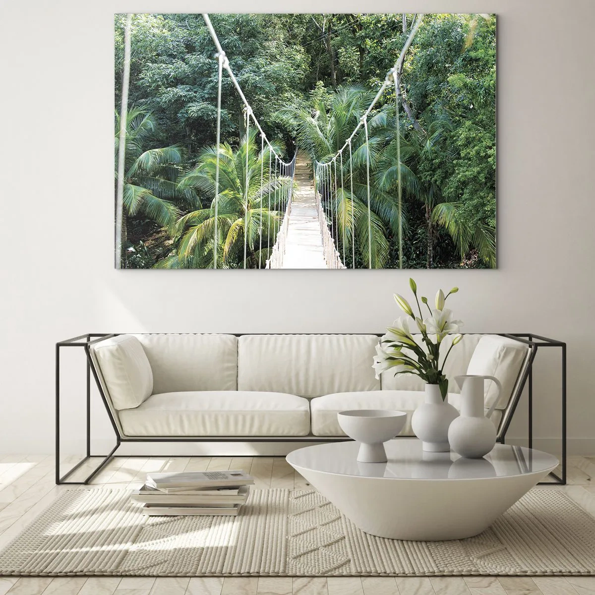 Quadro su vetro - Ponte sospeso in una foresta tropicale - 70x50cm - Welcome to the jungle! - Decorazione murale moderna per soggiorno e camera da letto ARTTOR