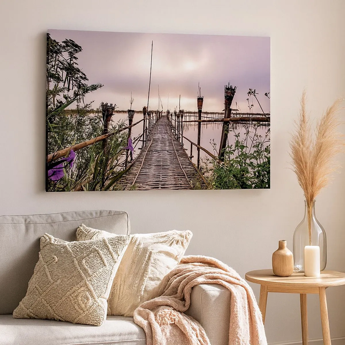 Quadro su tela - Stampe su Tela - Ponte di bambù sull'acqua all'alba - 70x50cm - Pace e silenzio dell'Asia - Decorazione murale moderna per soggiorno e camera da letto ARTTOR