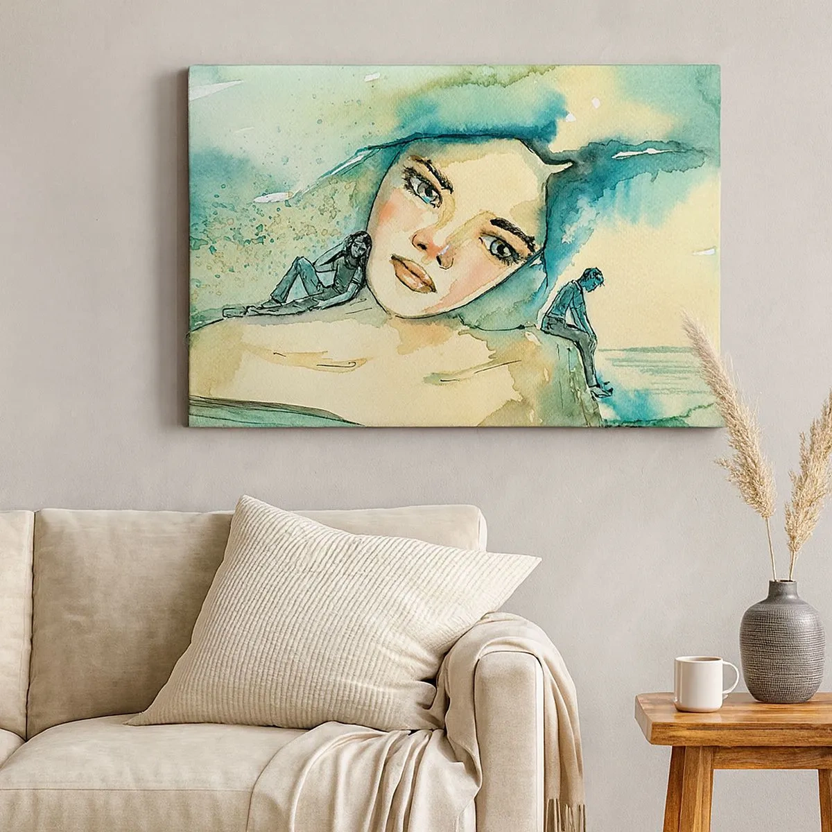 Quadro su tela - Stampe su Tela - Acquerello del volto di una donna con motivo riflettente - 70x50cm - Am I blue? - Decorazione murale moderna per soggiorno e camera da letto ARTTOR