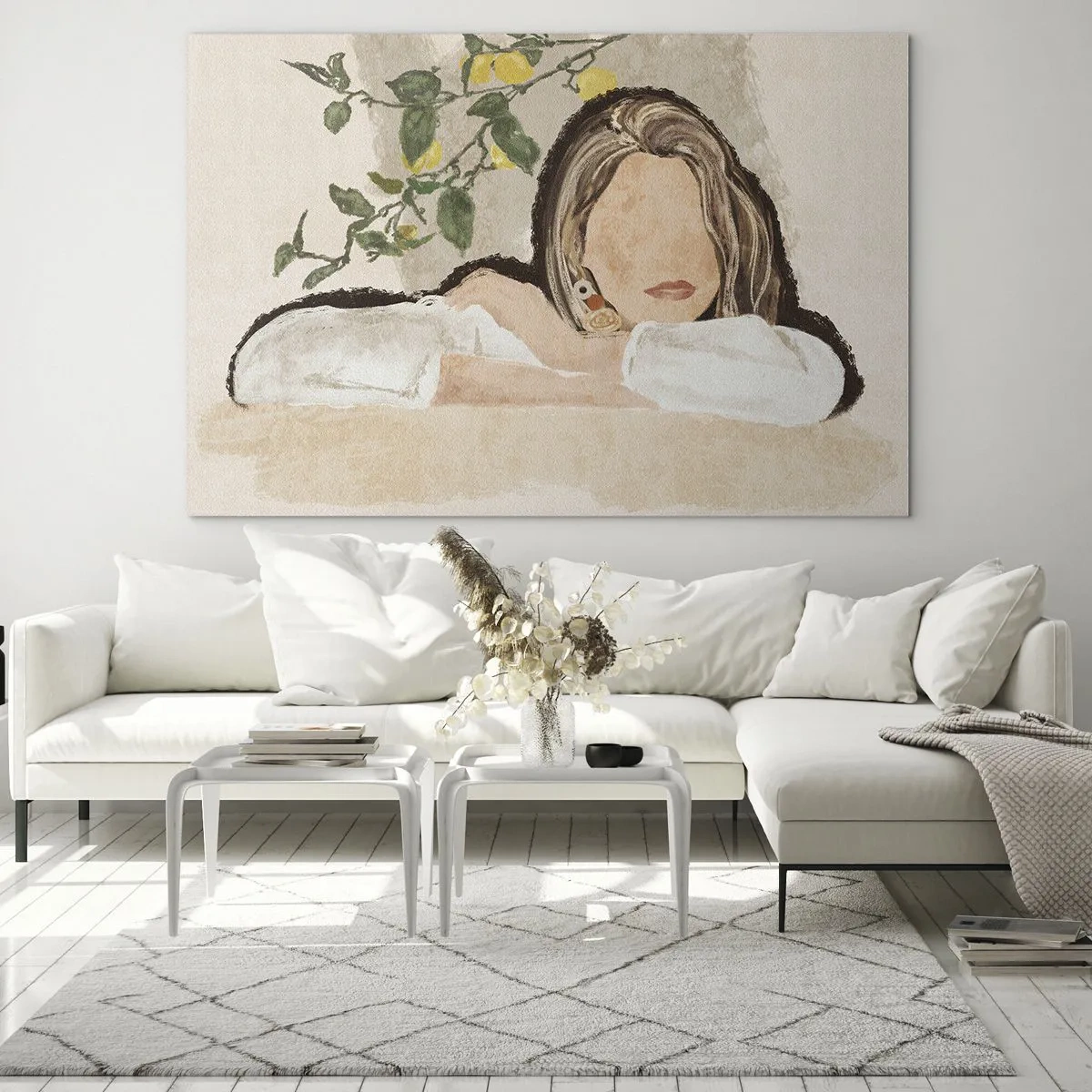 Quadro su vetro - Una donna appoggiata a un tavolo tra i rami di un albero di limone, il suo viso è senza tratti somatici. - 70x50cm - Bellezza del sud - Decorazione murale moderna per soggiorno e camera da letto ARTTOR