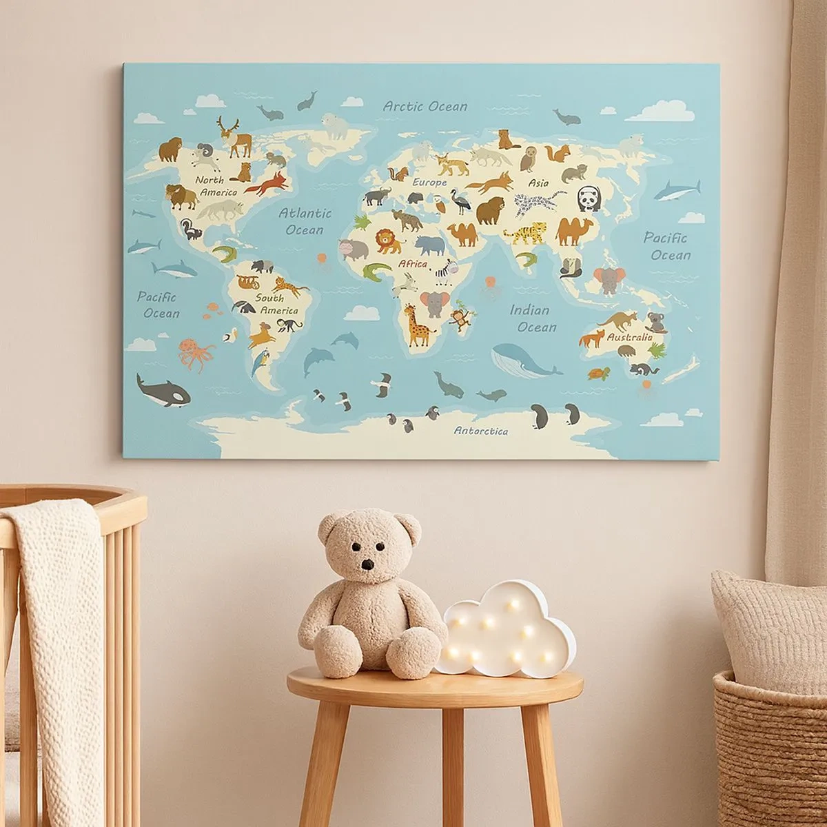 Quadro su tela - Stampe su Tela - Mappa del mondo con illustrazioni di animali - 70x50cm - Buoni vicini - Decorazione murale moderna per soggiorno e camera da letto ARTTOR