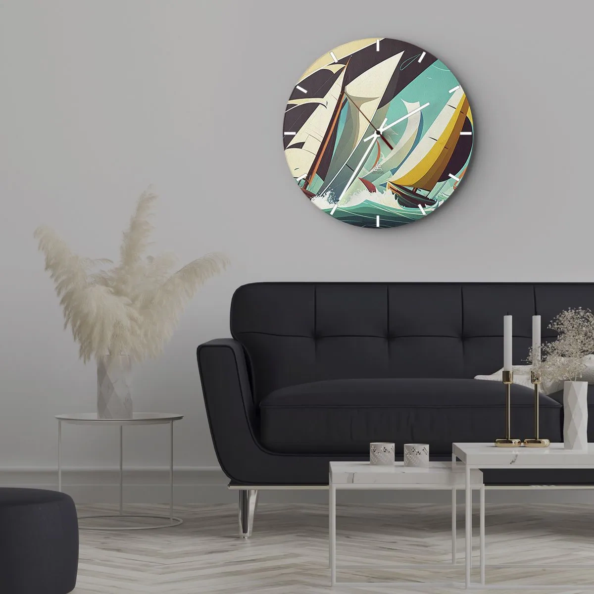 Orologio da parete - Orologio in Vetro - Barche a vela in stile grafico su un mare turchese in tempesta - 30x30cm - Compagne degli elementi - Decorazione murale moderna per soggiorno, cucina e camera da letto ARTTOR