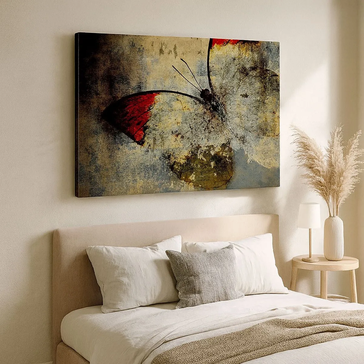 Quadro su tela - Stampe su Tela - Una farfalla nei toni del rosso e del grigio su uno sfondo strutturato - 70x50cm - Guarda prima che scompaia - Decorazione murale moderna per soggiorno e camera da letto ARTTOR