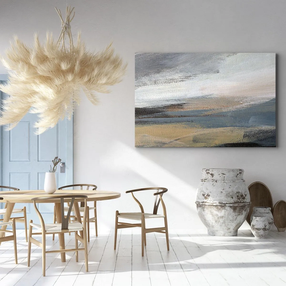 Quadro su tela - Stampe su Tela - Paesaggio astratto in tenui tonalità di blu e beige - 70x50cm - Astrazione: paesaggio del nord - Decorazione murale moderna per soggiorno e camera da letto ARTTOR