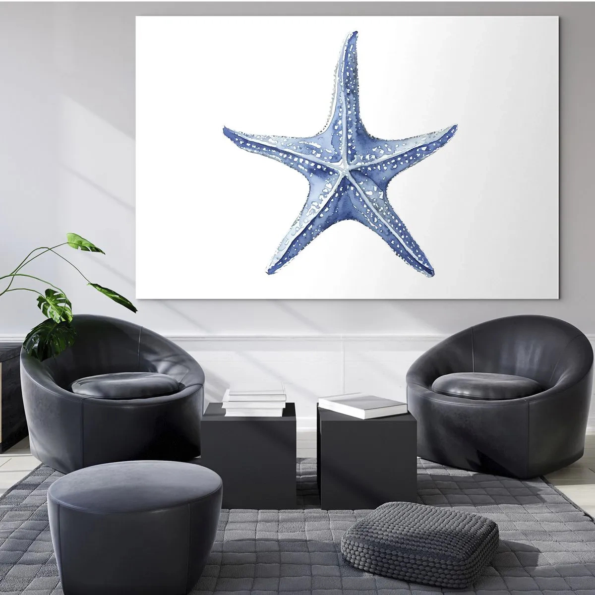 Quadro su vetro - Stella marina blu su sfondo bianco in stile acquerello - 70x50cm - Stella marina - Decorazione murale moderna per soggiorno e camera da letto ARTTOR