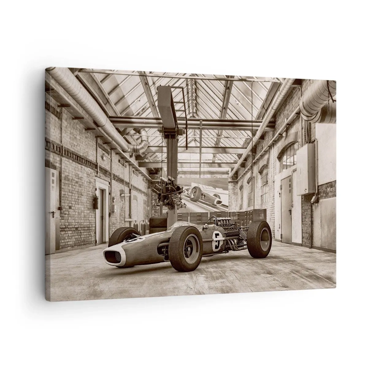 Quadro su tela - Stampe su Tela - Auto da corsa in bianco e nero in un interno industriale - 70x50cm - Il riposo del vincitore - Decorazione murale moderna per soggiorno e camera da letto ARTTOR