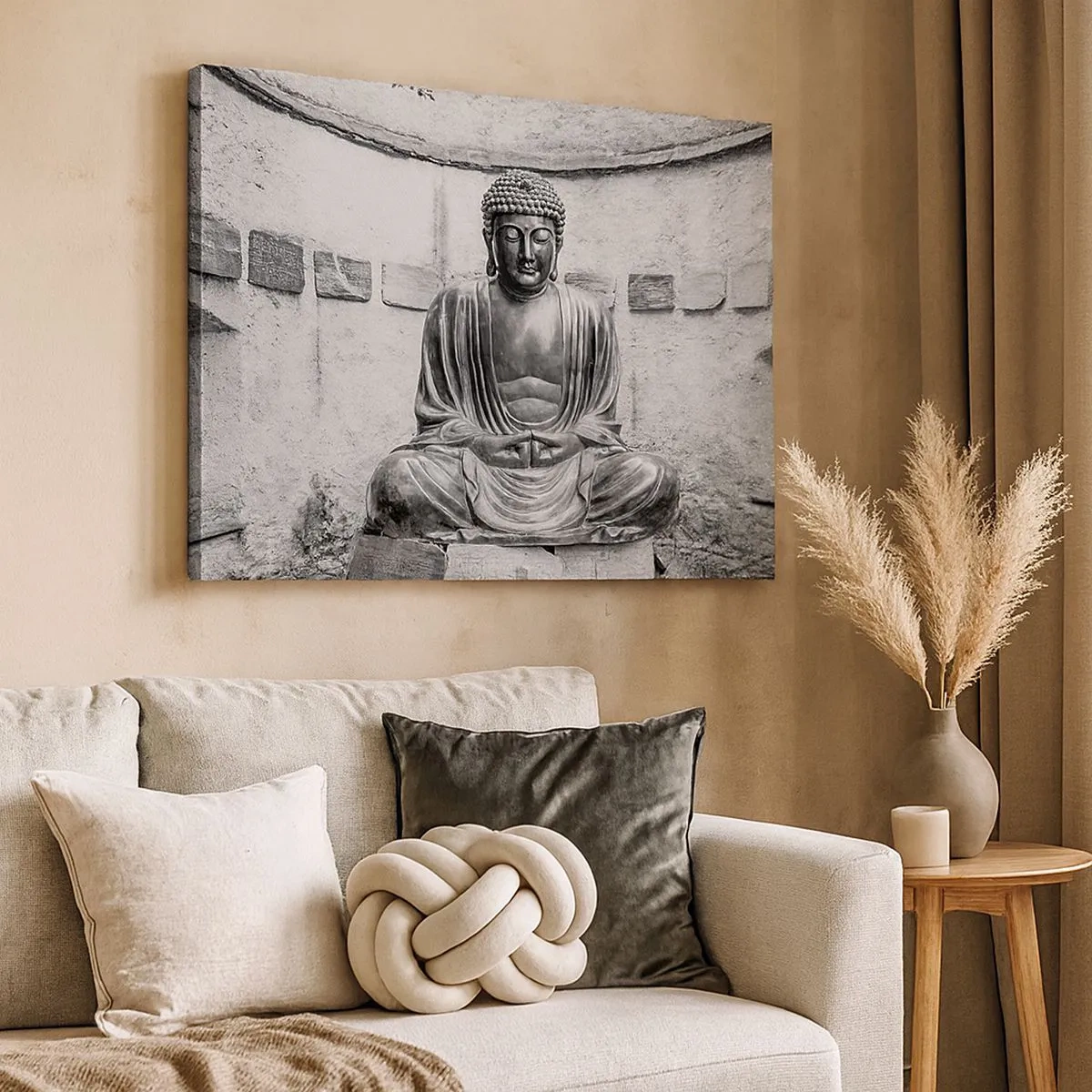 Quadro su tela - Stampe su Tela - Statua del Buddha in bianco e nero in posa meditativa - 70x50cm - Alla fonte della pace - Decorazione murale moderna per soggiorno e camera da letto ARTTOR