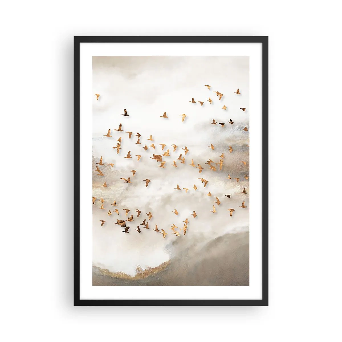 Poster in cornice nera - Uno stormo di uccelli che fluttua tra le nuvole nebbiose - 50x70cm - È giunto il momento... - Decorazione murale moderna per soggiorno e camera da letto ARTTOR