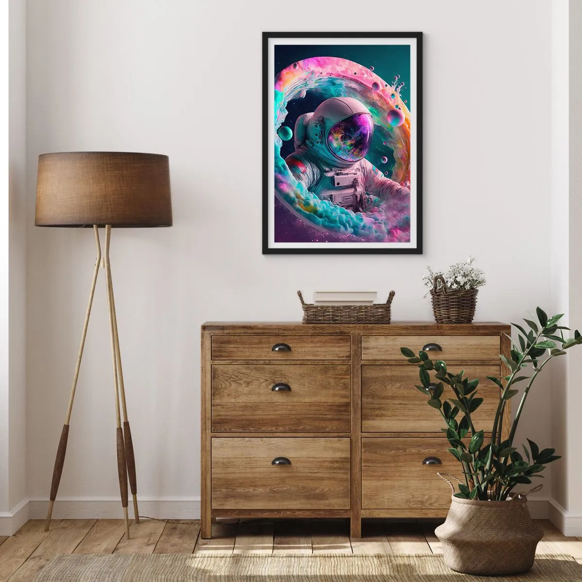 Poster in cornice nera - Astronauta in un ambiente spaziale pieno di nebulose colorate - 50x70cm - Stargate - Decorazione murale moderna per soggiorno e camera da letto ARTTOR