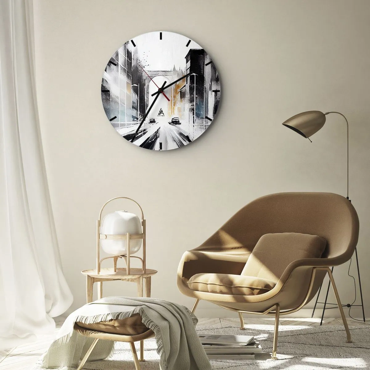 Orologio da parete - Orologio in Vetro - Una visione pittorica di una strada cittadina con automobili ed edifici - 30x30cm - Studio di città: architettura e movimento - Decorazione murale moderna per soggiorno, cucina e camera da letto ARTTOR