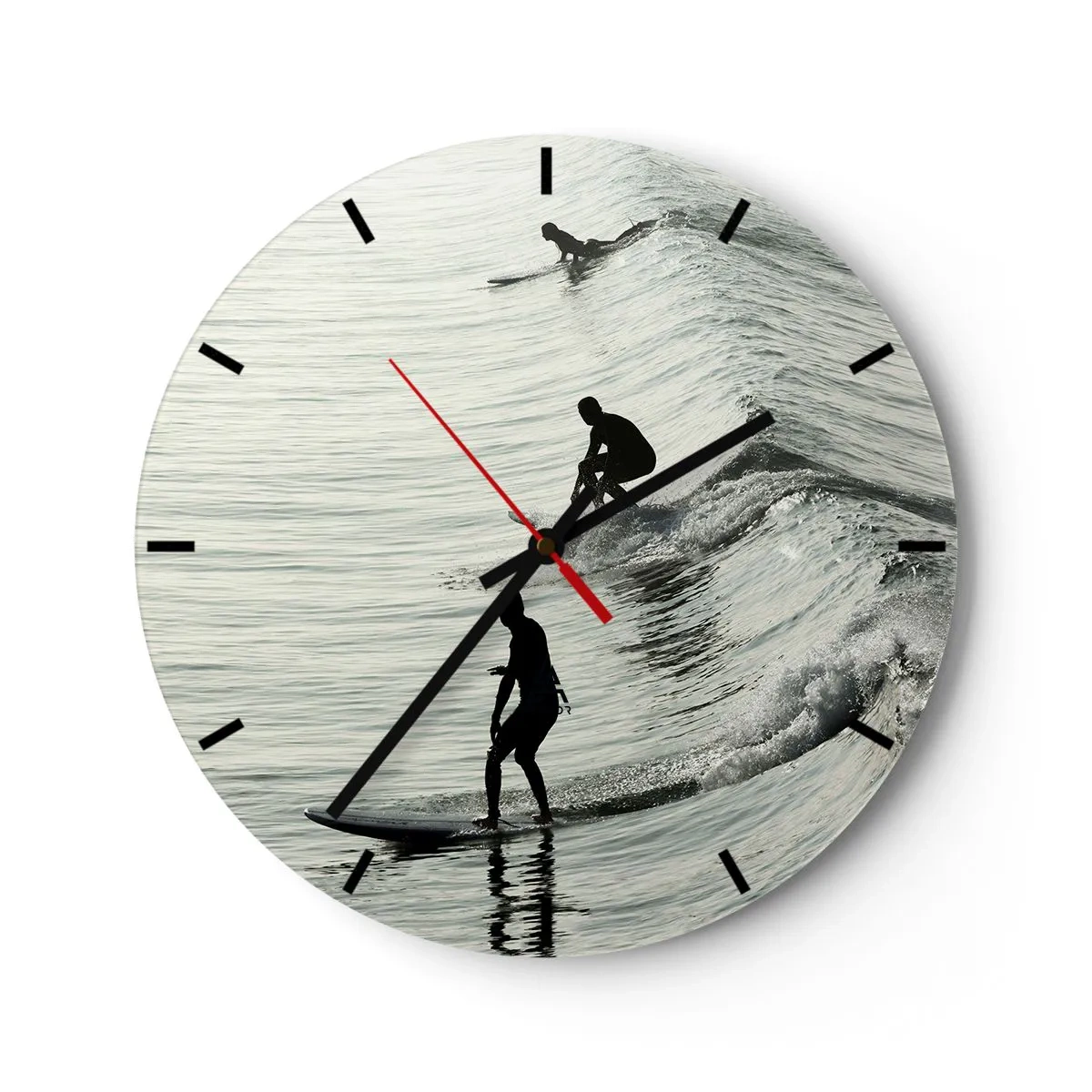 Orologio da parete - Orologio in Vetro - Surfisti che cavalcano le onde del mattino in un mare calmo - 30x30cm - Onde all'incontro - Decorazione murale moderna per soggiorno, cucina e camera da letto ARTTOR