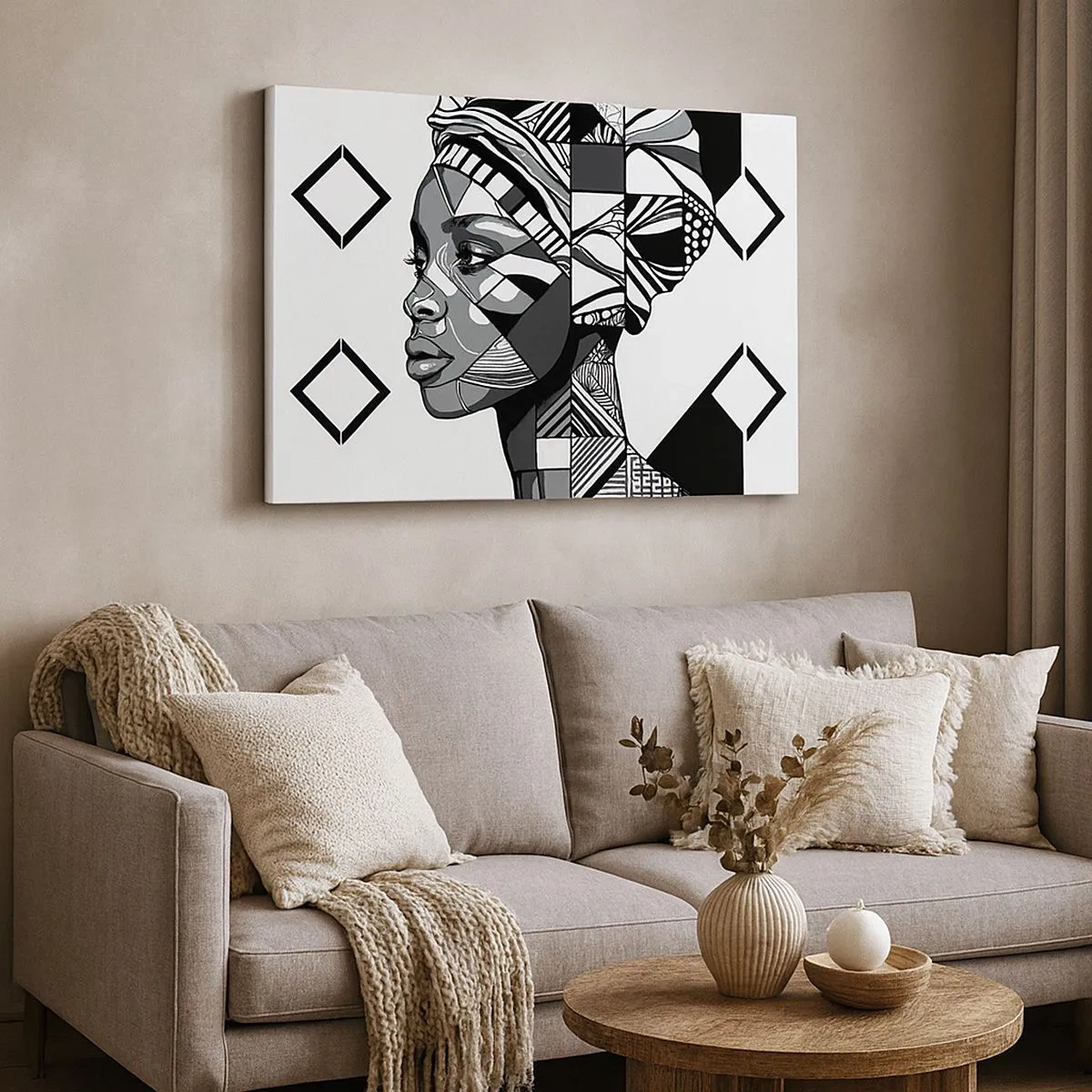 Quadro su tela - Stampe su Tela - Ritratto in bianco e nero di una donna in stile etnico - 70x50cm - Ritratto etnico - Decorazione murale moderna per soggiorno e camera da letto ARTTOR