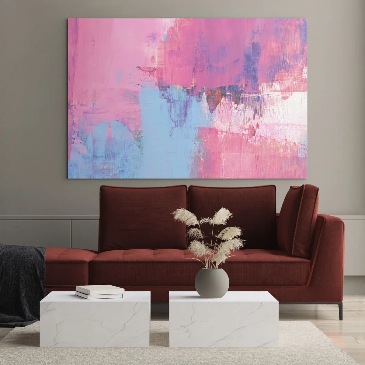 Quadro su vetro - Astrazione energetica nei toni del rosa e del blu - 70x50cm - Rosa, blu e un pizzico di luce - Decorazione murale moderna per soggiorno e camera da letto ARTTOR