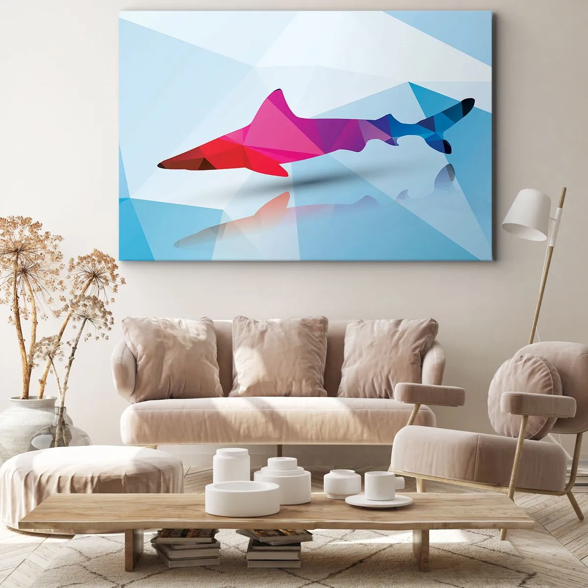 Quadro su tela - Stampe su Tela - Sagoma geometrica di squalo nei toni del rosa e del blu - 70x50cm - Squalo nello spazio di cristallo - Decorazione murale moderna per soggiorno e camera da letto ARTTOR