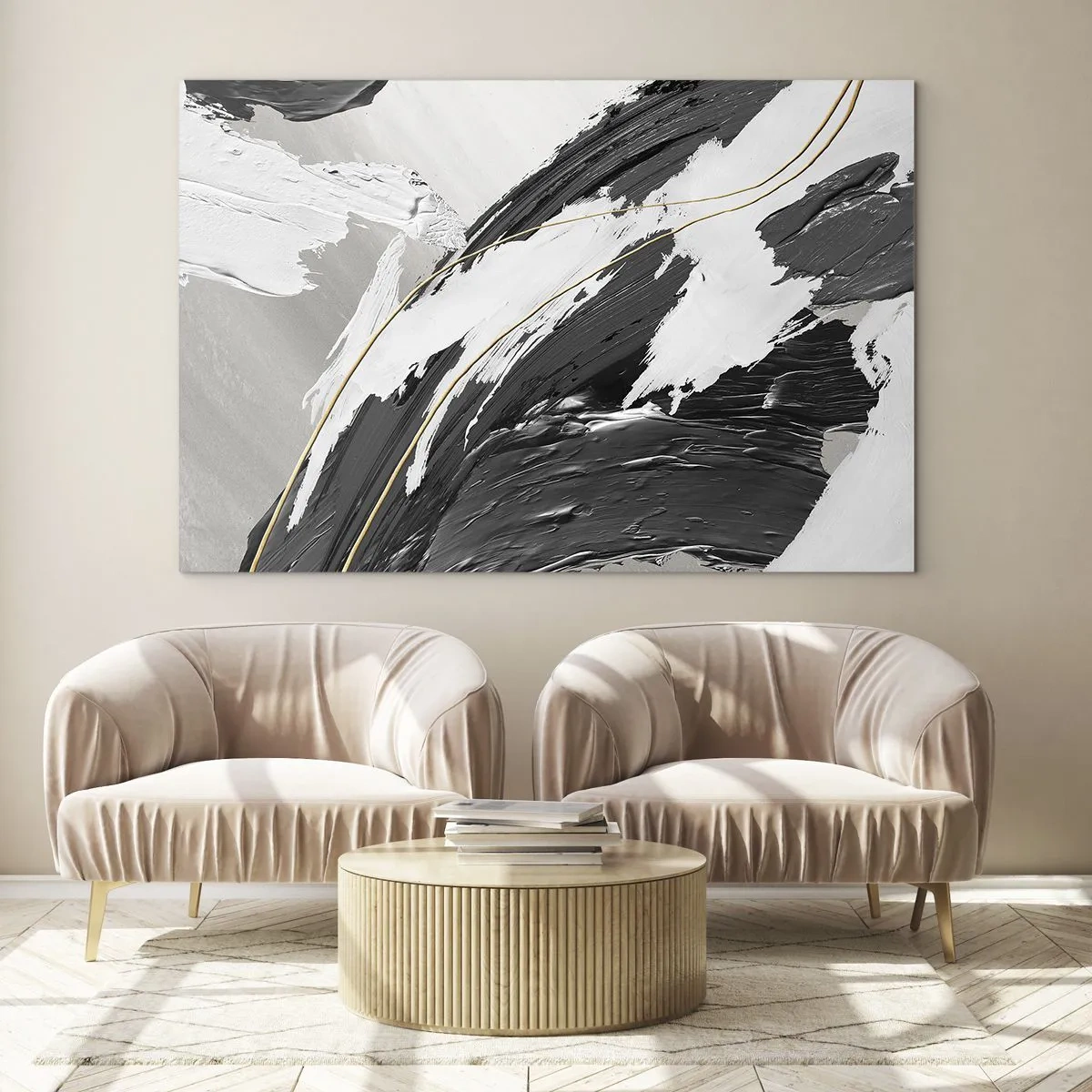 Quadro su vetro - Pennellate dinamiche di bianco e nero con un accento dorato - 70x50cm - Astrazione con sfarzo - Decorazione murale moderna per soggiorno e camera da letto ARTTOR