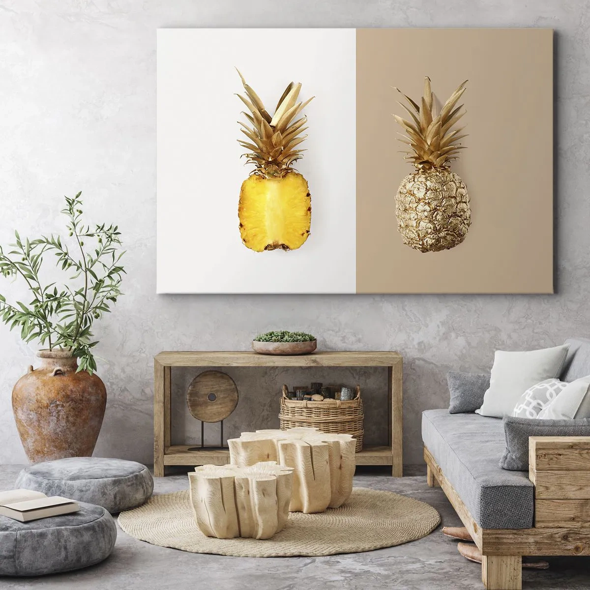 Quadro su tela - Stampe su Tela - Metà di un ananas fresco e dorato su uno sfondo contrastante - 70x50cm - Ananas per due - Decorazione murale moderna per soggiorno e camera da letto ARTTOR