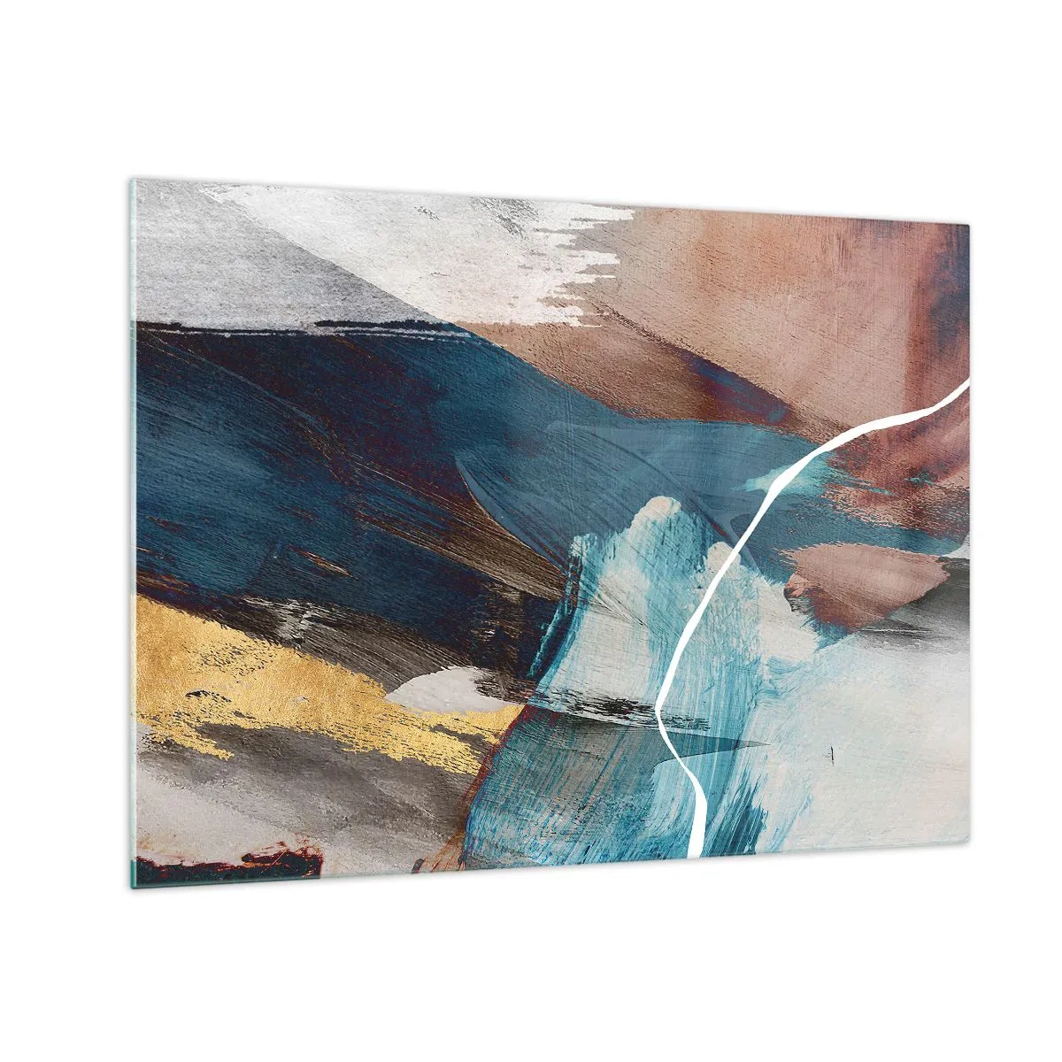 Quadro su vetro - Una composizione astratta in turchese, oro e marrone. - 70x50cm - Con forza ed energia - Decorazione murale moderna per soggiorno e camera da letto ARTTOR