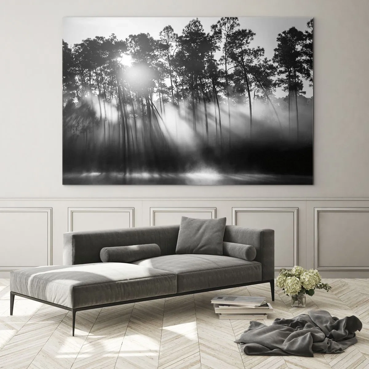 Quadro su vetro - Alberi bianchi e neri in una foresta con raggi di sole nella foschia - 70x50cm - Sole irrefrenabile - Decorazione murale moderna per soggiorno e camera da letto ARTTOR