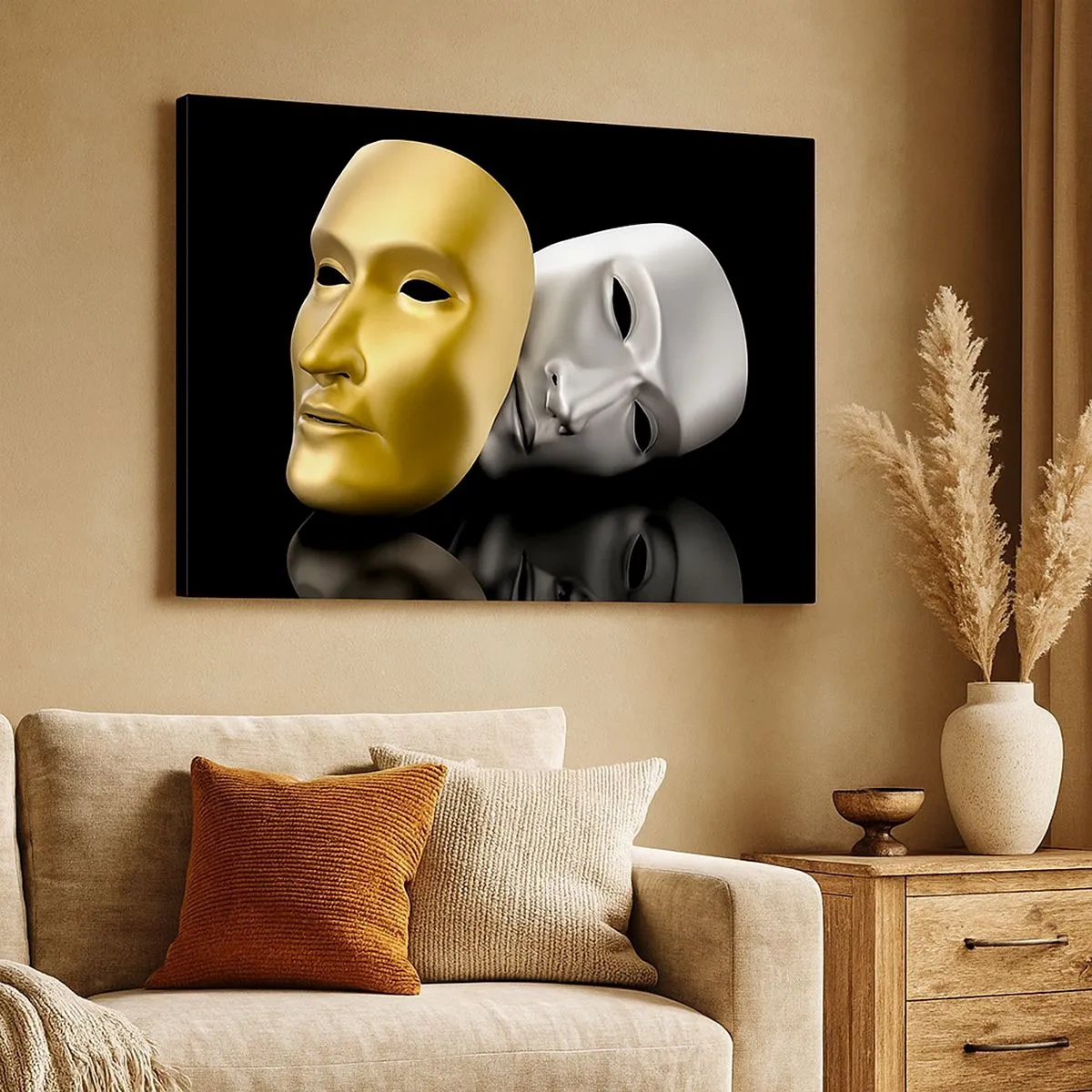 Quadro su tela - Stampe su Tela - Maschera in oro e argento su sfondo nero - 70x50cm - La vita è teatro - Decorazione murale moderna per soggiorno e camera da letto ARTTOR