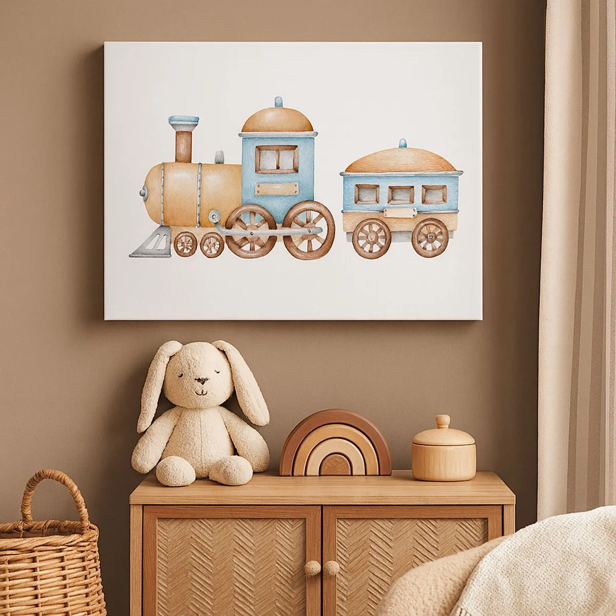 Quadro su tela - Stampe su Tela - Disegno di un treno in tonalità pastello su sfondo bianco - 70x50cm - Fermo alla stazione... - Decorazione murale moderna per soggiorno e camera da letto ARTTOR