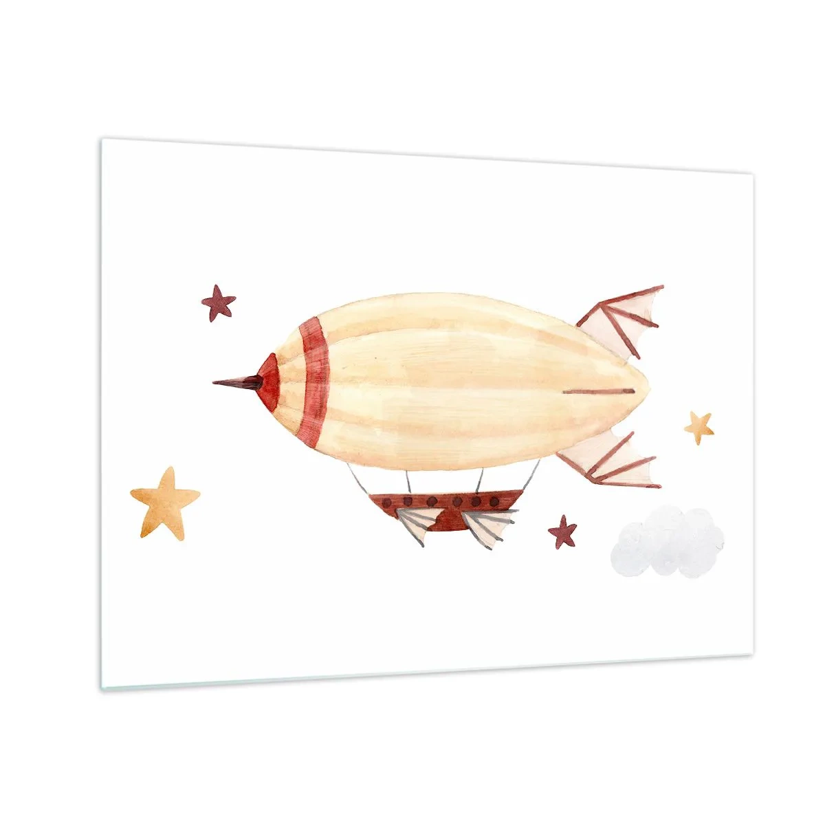 Quadro su vetro - Un dirigibile dei cartoni animati tra le stelle su uno sfondo bianco - 70x50cm - Nave volante - Decorazione murale moderna per soggiorno e camera da letto ARTTOR