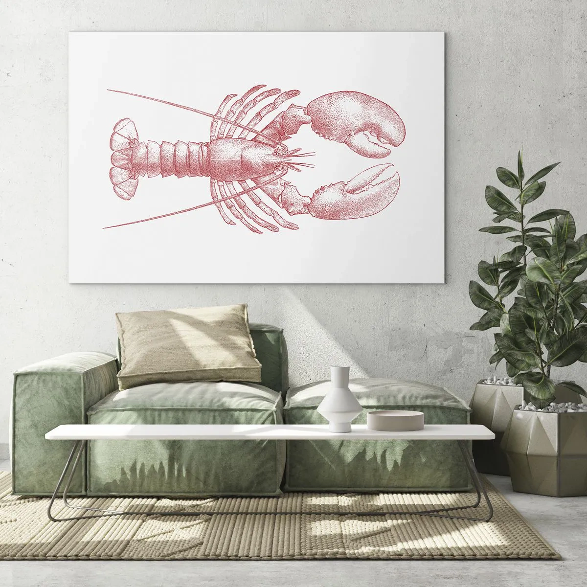 Quadro su vetro - Schizzo di un'aragosta in rosso su sfondo chiaro - 70x50cm - Aragosta d'agosto - Decorazione murale moderna per soggiorno e camera da letto ARTTOR