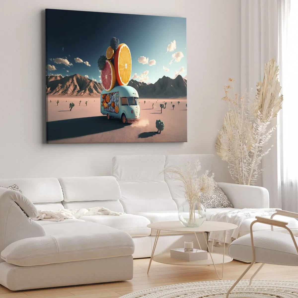 Quadro su tela - Stampe su Tela - Camion della frutta in un paesaggio desertico - 70x50cm - Il sapore delle vacanze - Decorazione murale moderna per soggiorno e camera da letto ARTTOR