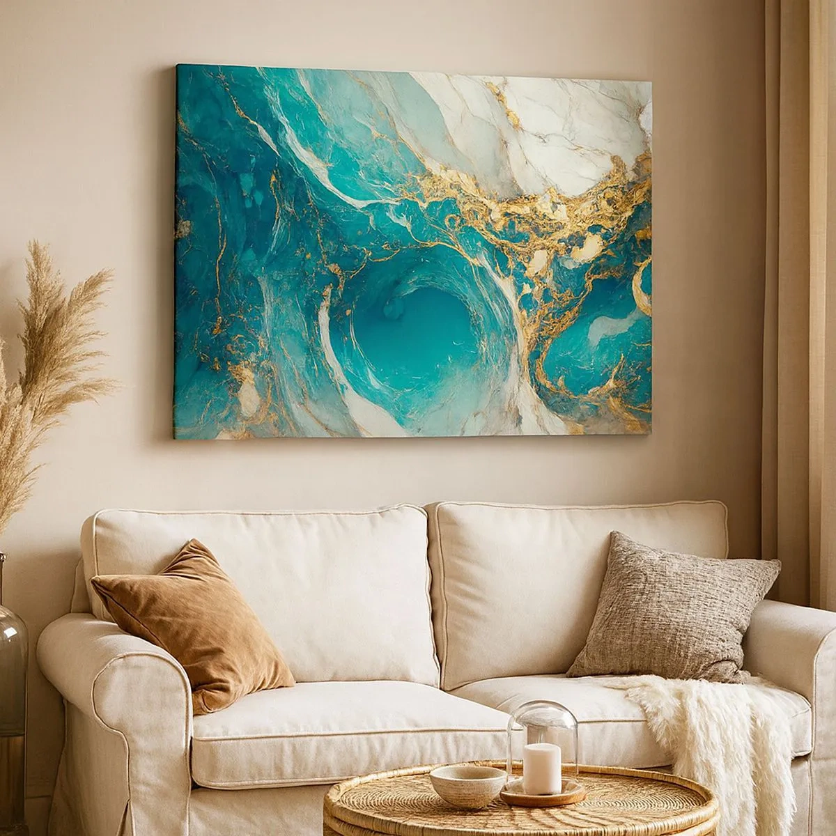 Quadro su tela - Stampe su Tela - Una composizione astratta nei toni del turchese e dell'oro. - 70x50cm - Composizione con vene d'oro - Decorazione murale moderna per soggiorno e camera da letto ARTTOR