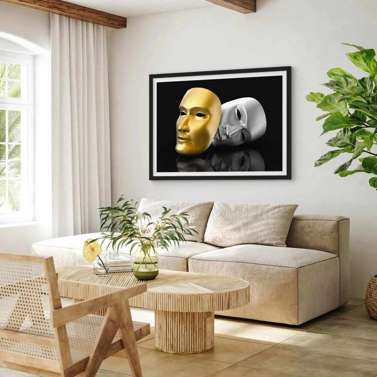Poster in cornice nera - Maschera in oro e argento su sfondo nero - 70x50cm - La vita è teatro - Decorazione murale moderna per soggiorno e camera da letto ARTTOR