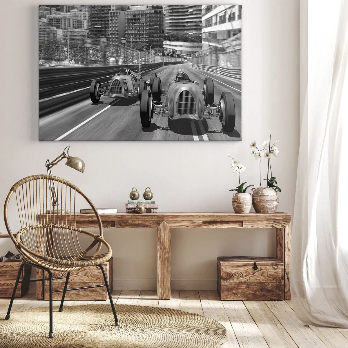 Quadro su tela - Stampe su Tela - Scena di gara automobilistica retrò monocromatica - 70x50cm - Tanto tempo fa a Montecarlo - Decorazione murale moderna per soggiorno e camera da letto ARTTOR