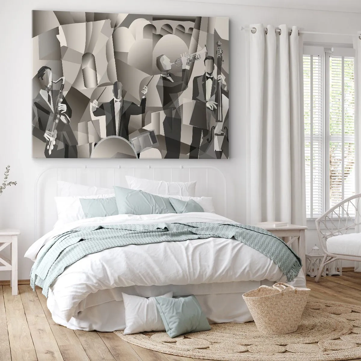Quadro su tela - Stampe su Tela - Scena astratta con musicisti jazz in tonalità di grigio. - 70x50cm - Nello spazio dei suono - Decorazione murale moderna per soggiorno e camera da letto ARTTOR